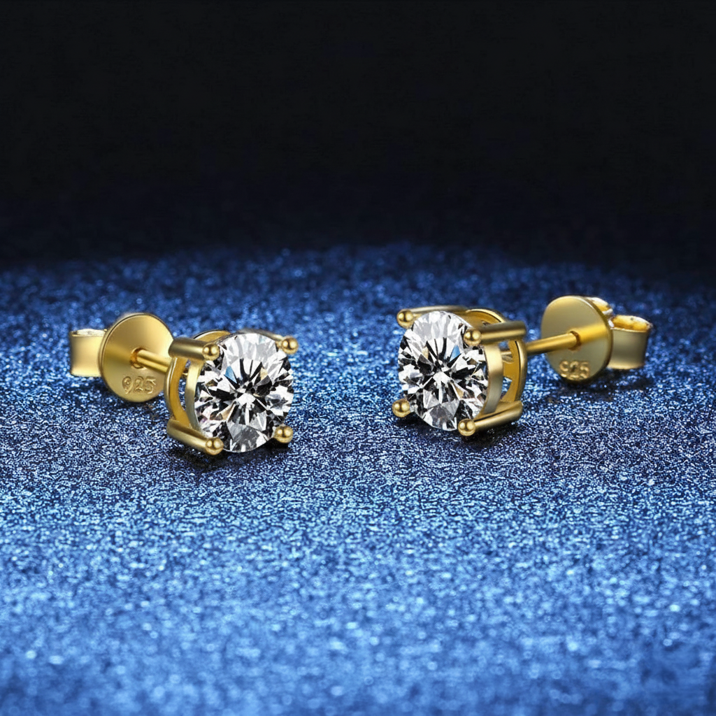 D-Color VVS1 Zircon Stud Earrings – 18K Gold Plated, 925 Sterling Silver